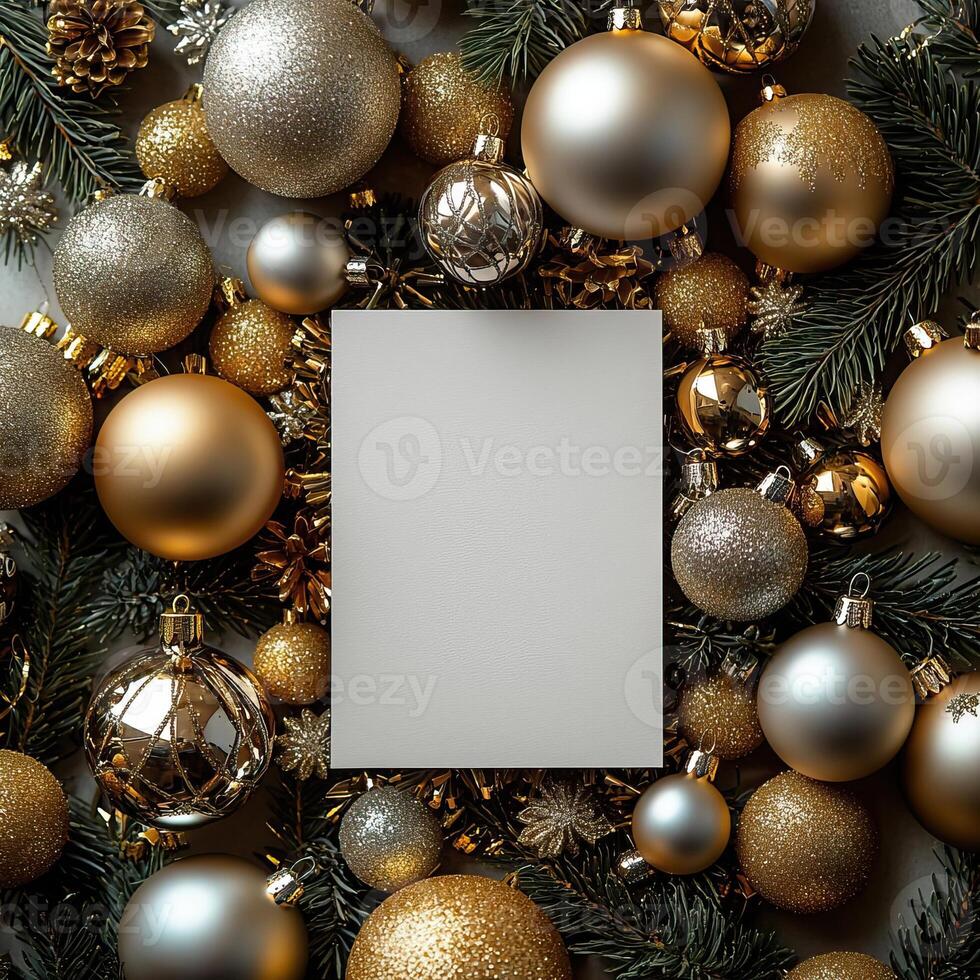 Blank gold and silver Christmas card mockup, sophisticated holiday decor photo