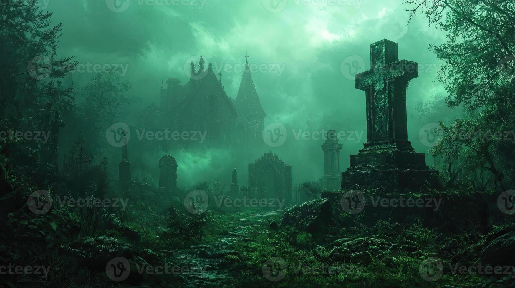 Dark green, misty environment, creating an ominous and atmospheric backdrop for a story filled with mystery and suspense photo
