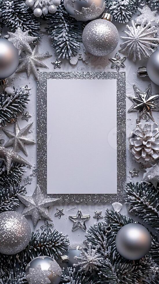 Blank silver glitter theme Christmas card mockup, shimmering holiday decor photo