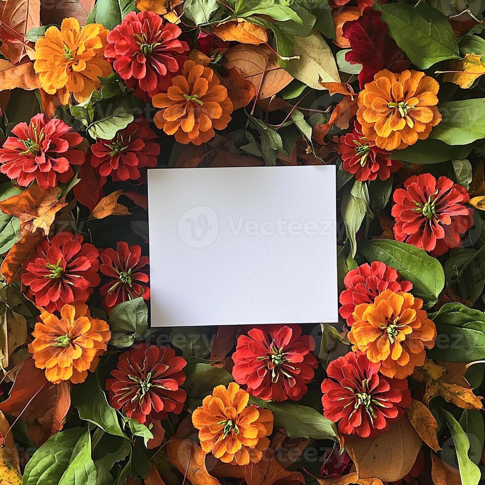 Vibrant arrangement of red and orange flowers with a blank card in the center on a white isolated background. photo