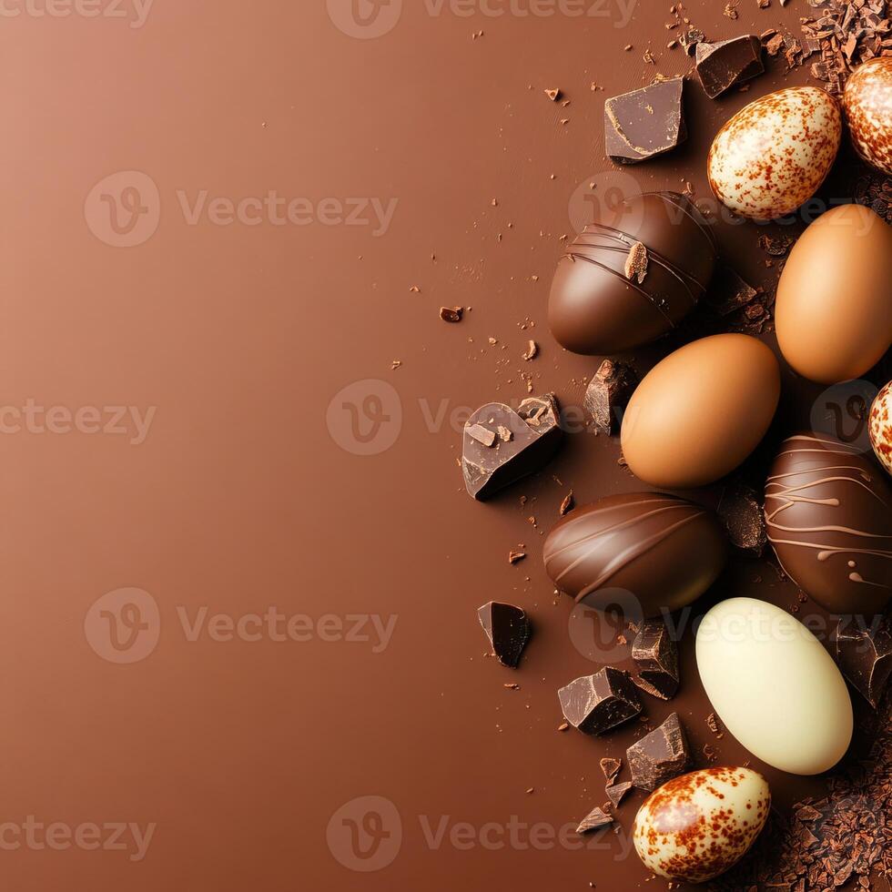 Colorful chocolate eggs and pieces of dark chocolate on a brown background. photo