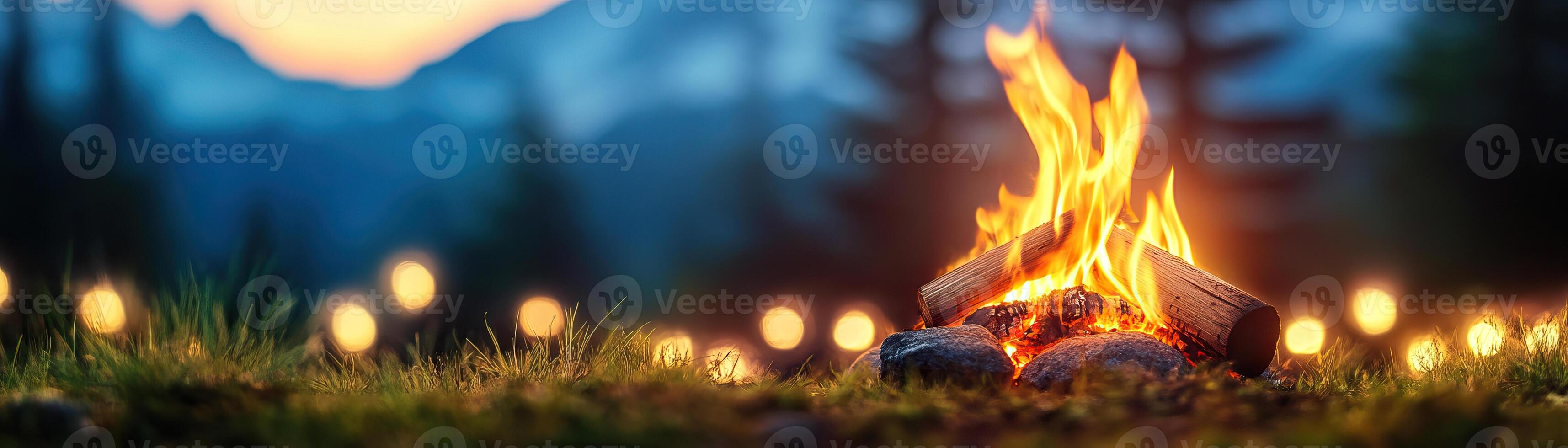 Campfire glowing at dusk with fairy lights in the background, creating a cozy atmosphere. photo
