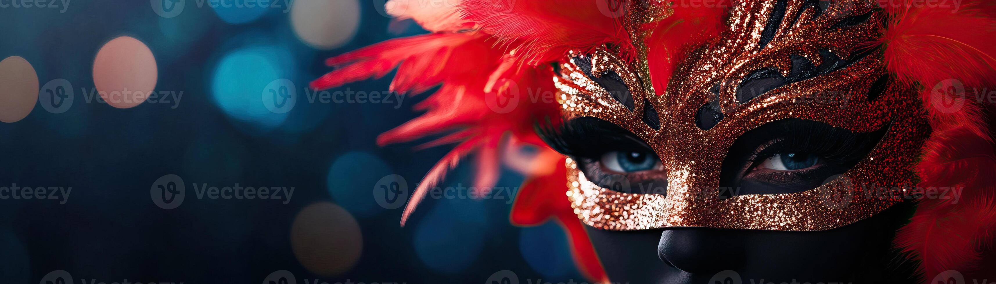 Close-up of an extravagant mask adorned with vibrant feathers and intricate details, set against a blurred background. photo