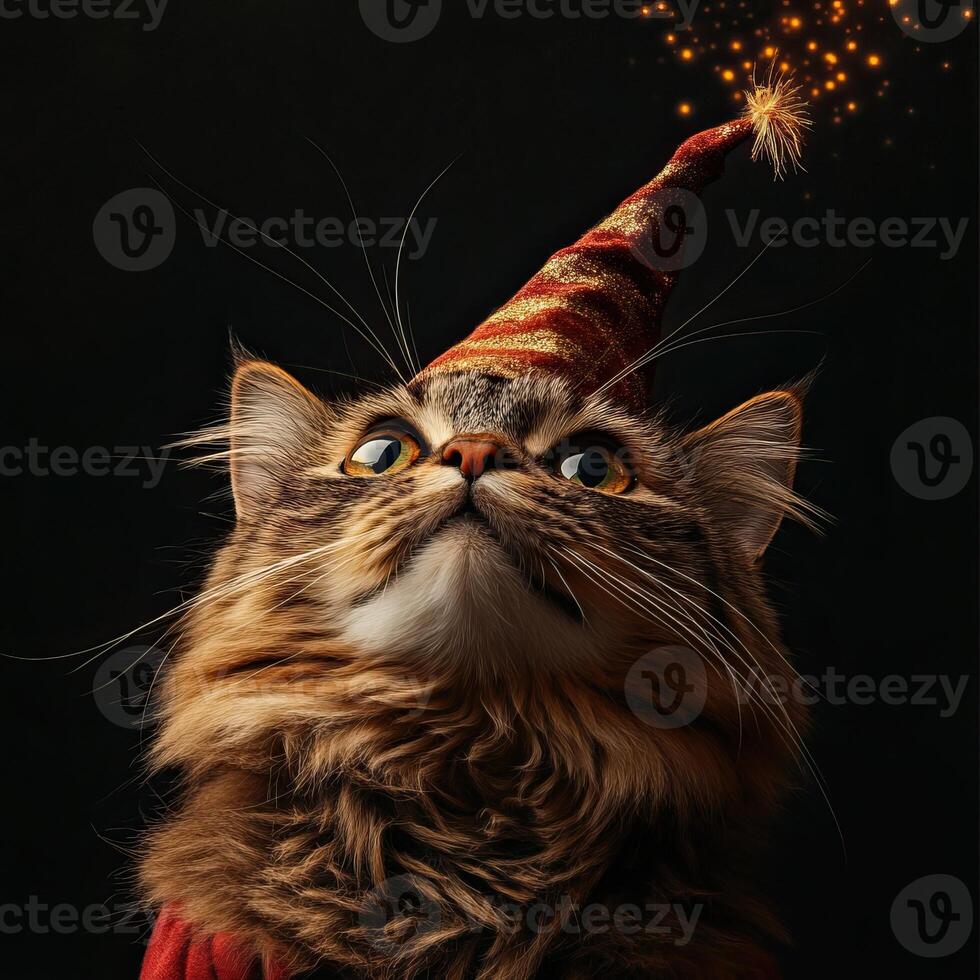 A cheerful cat wearing a festive party hat looking up with sparkling lights in a dark background. photo
