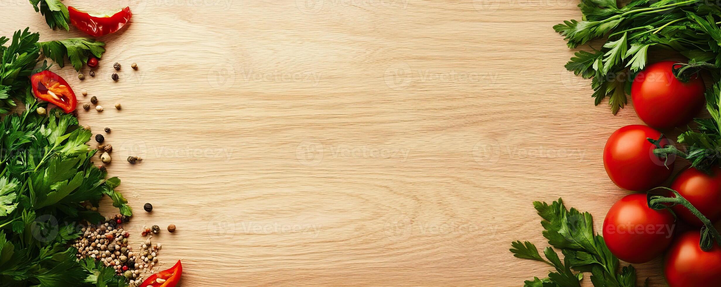 Fresh vegetables and herbs arranged on a wooden surface. photo