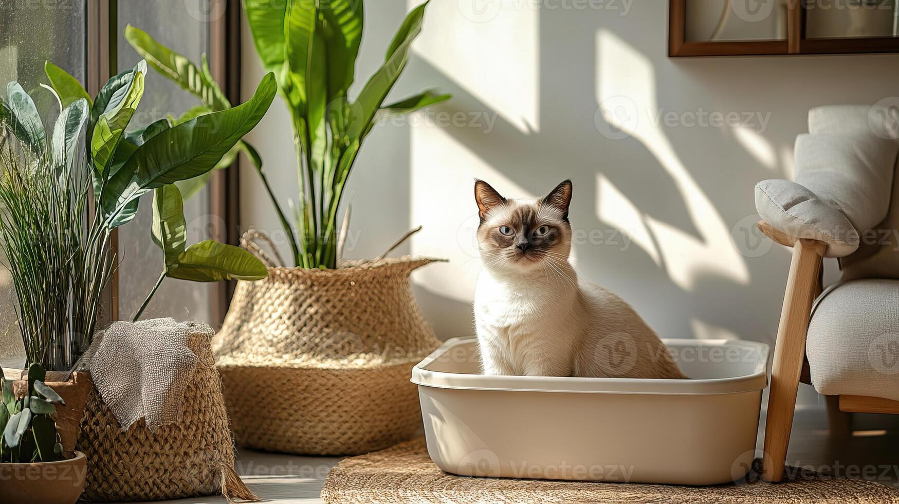 A serene cat resting in a cozy home environment with plants, basking in sunlight, creating a warm and inviting atmosphere. photo