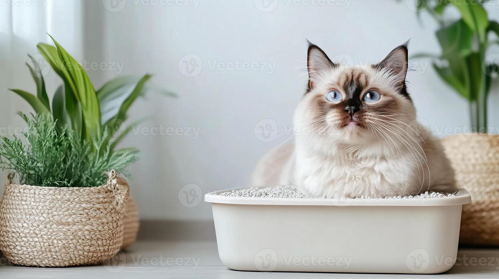 A fluffy cat sits in a litter box, surrounded by greenery, creating a serene indoor vibe. photo