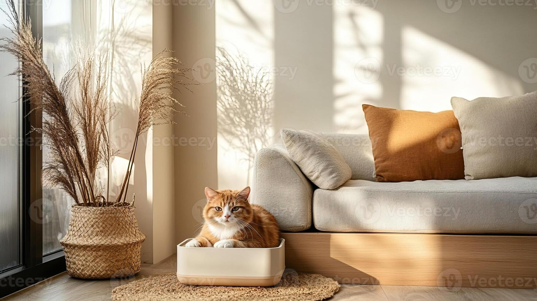 A cozy living room featuring a cat lounging in a box, surrounded by stylish decor and natural light streaming through the windows. photo