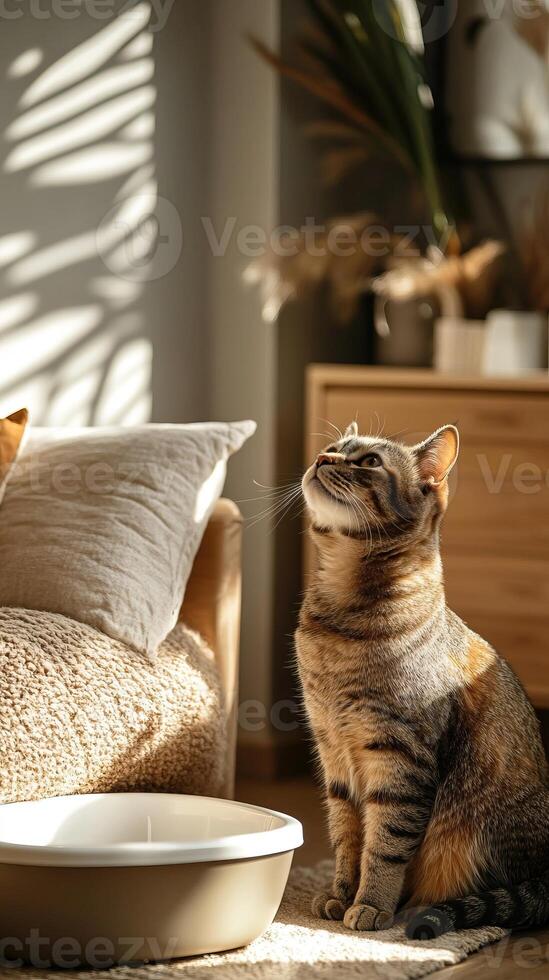 A serene cat sits in a sunlit room, surrounded by cozy furniture and soft textures, with shadows casting gentle patterns on the floor. photo
