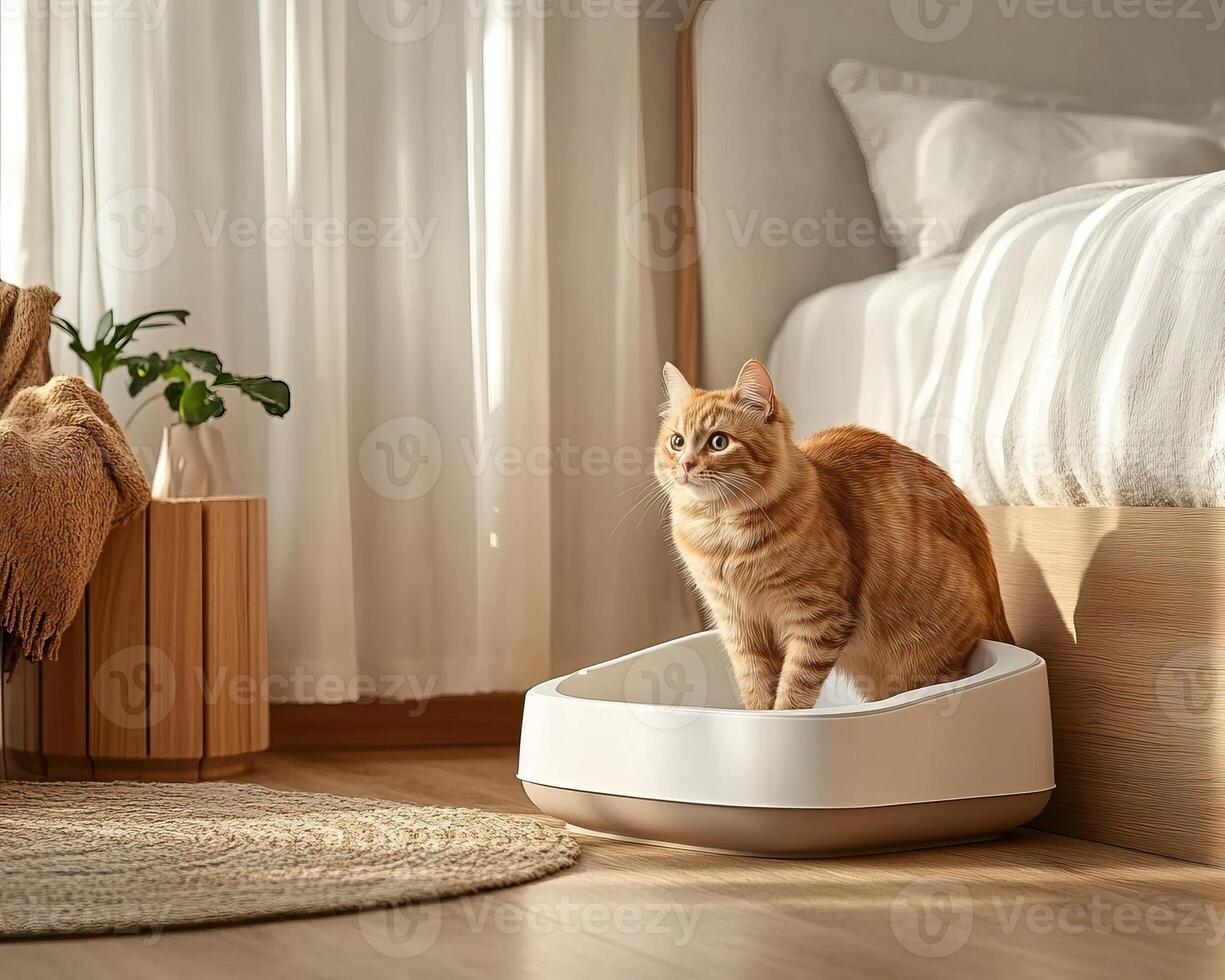 A cozy, sunlit room features an orange cat perched in a modern cat bed, surrounded by soft textures and warm decor elements. photo