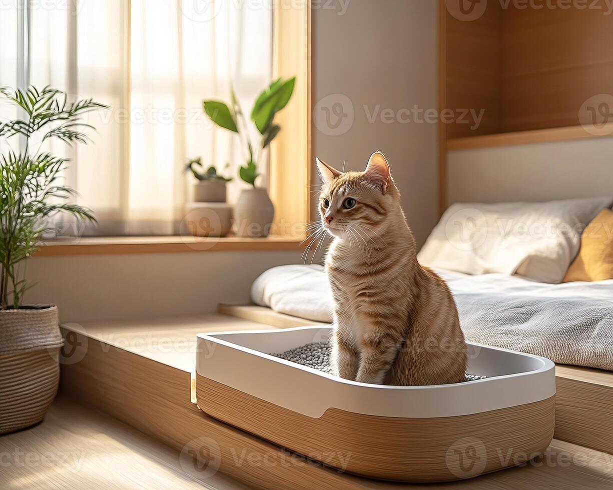 A cozy cat sits in a modern litter box, surrounded by plants, in a stylish, well-lit room with soft furnishings. photo