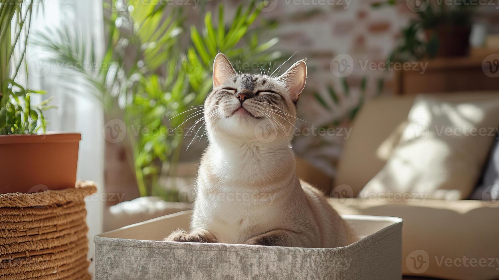A content cat relaxes in a cozy box, basking in sunlight, surrounded by lush plants, creating a peaceful indoor atmosphere. photo