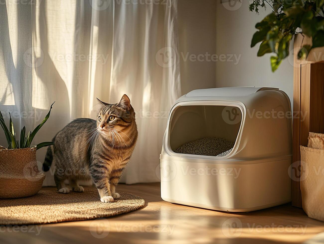 A cat explores a sunlit room next to a litter box, surrounded by plants and natural light, creating a cozy and inviting atmosphere. photo