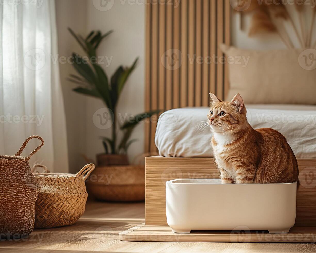 A cozy interior scene features a ginger cat sitting in a modern, white container, surrounded by natural decor and soft lighting. photo