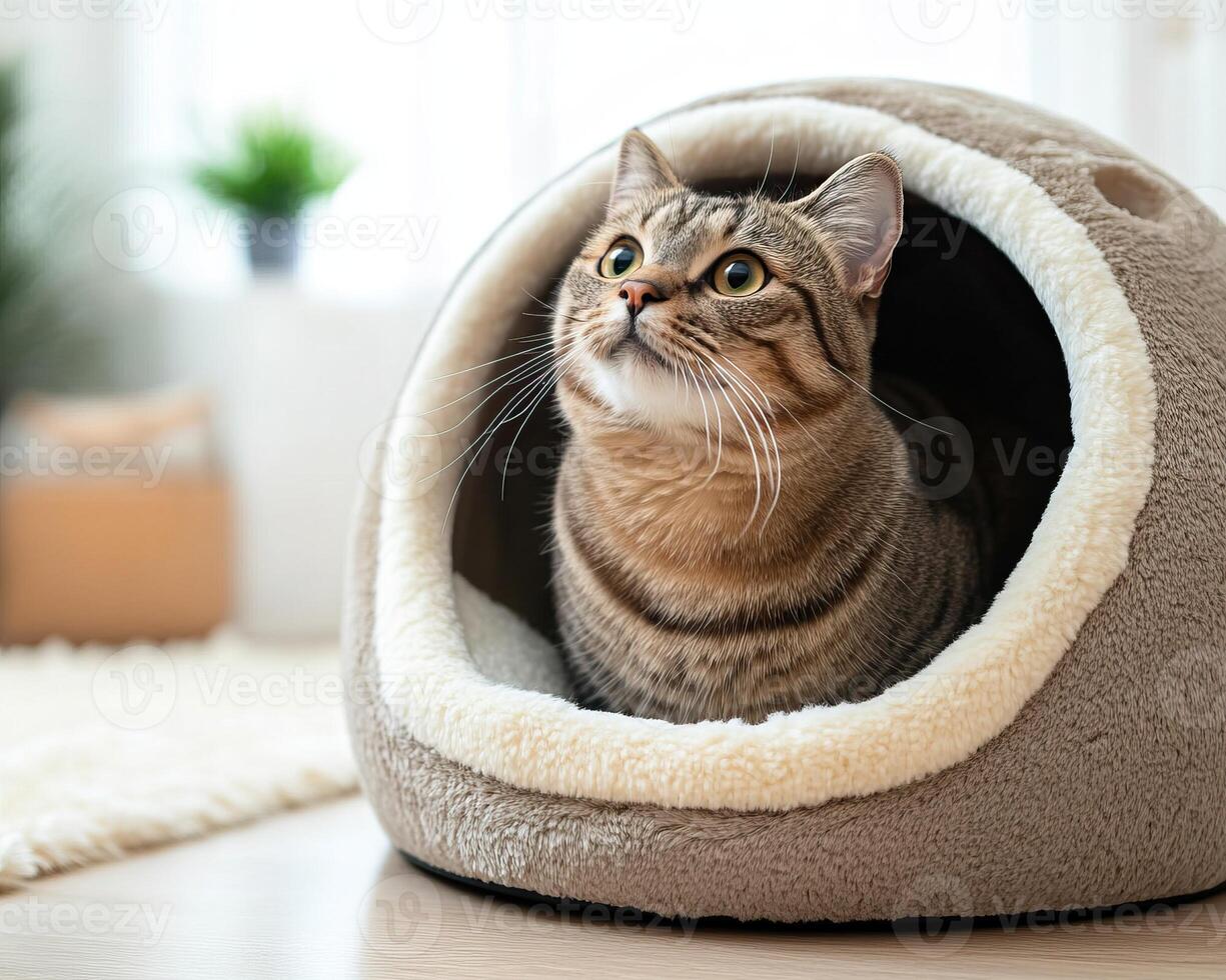 A cozy cat nestled inside a soft pet bed, gazing curiously, with sunlight filtering through a nearby window. photo