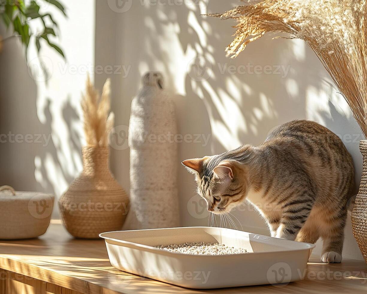 A playful cat explores a shallow dish filled with water, surrounded by decorative elements and warm sunlight. photo