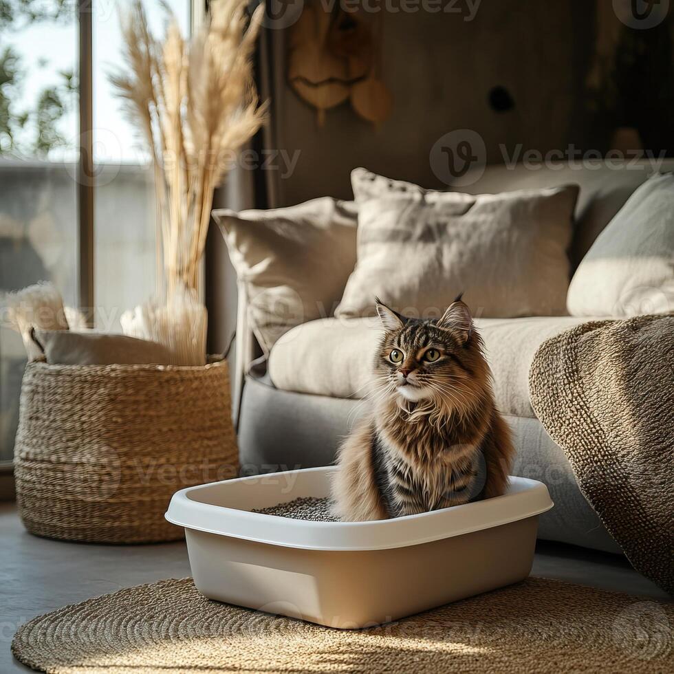 A cozy living room featuring a cat in a litter box, surrounded by soft pillows, natural decor, and warm lighting. photo