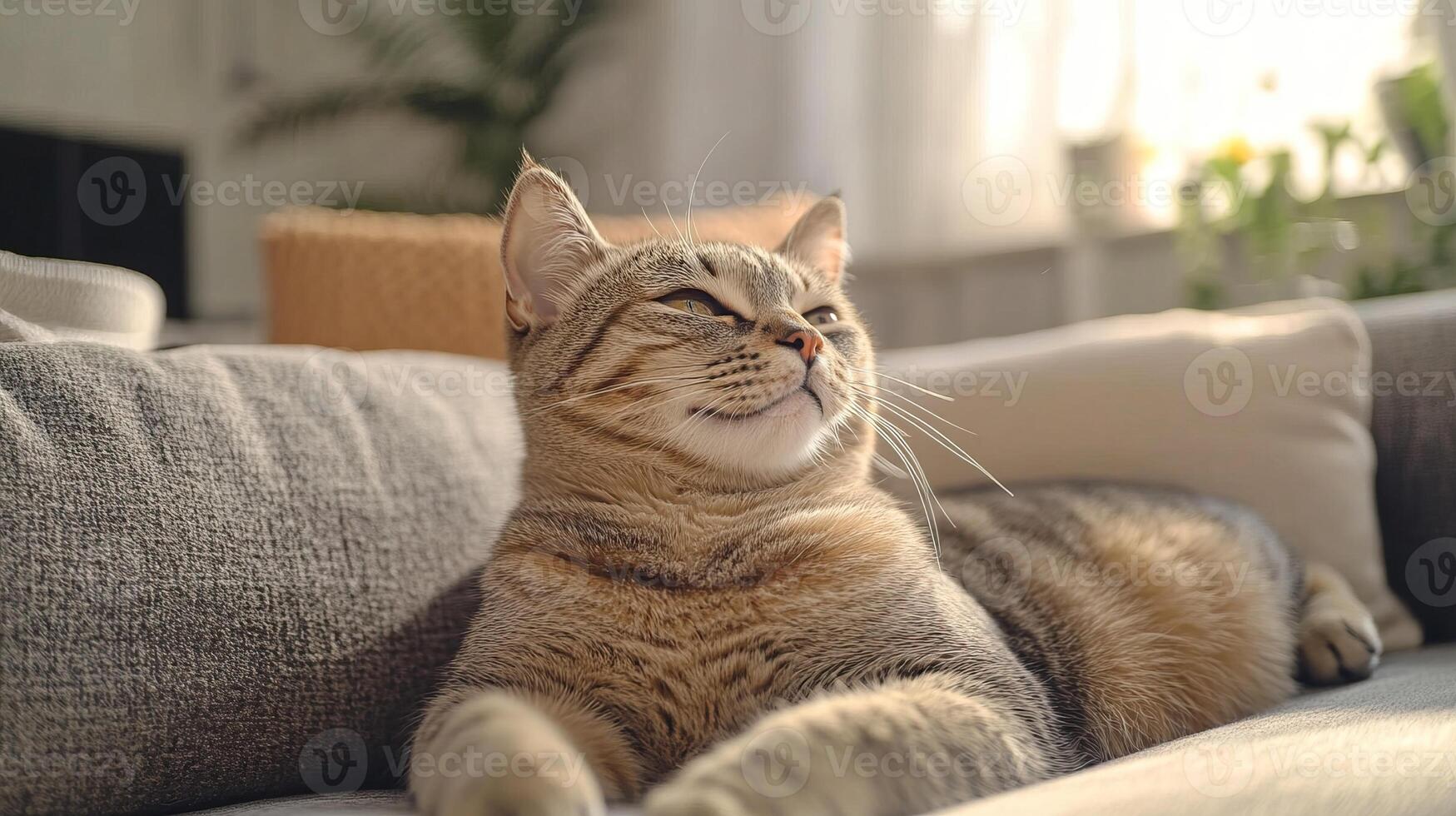A relaxed cat lounges on a couch, basking in sunlight, with a content expression, embodying comfort and tranquility in a cozy home setting. photo