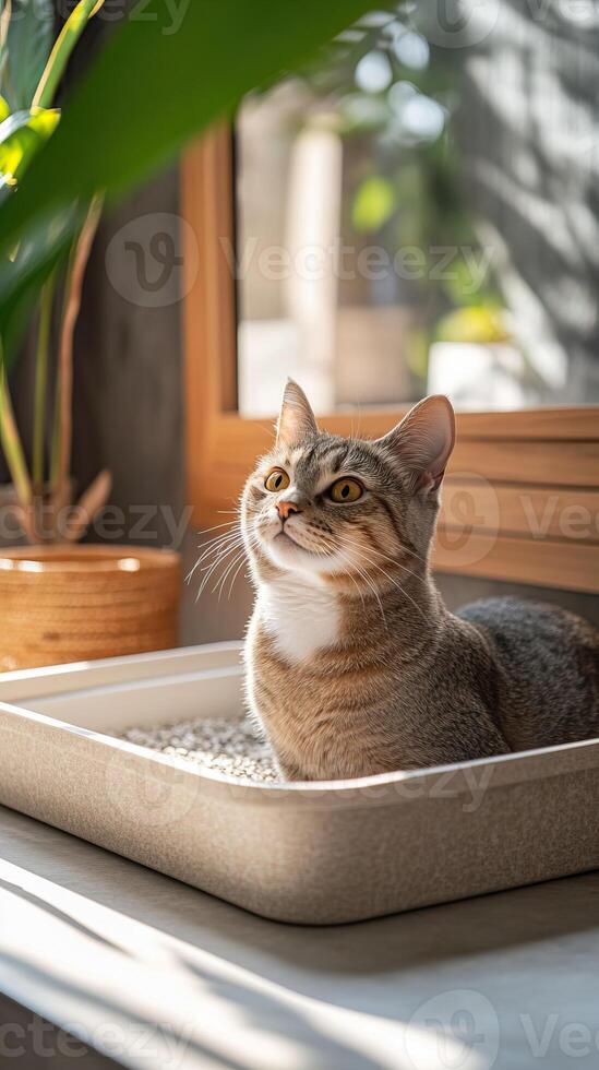 A serene cat relaxes in a litter box by a sunlit window, surrounded by greenery, enjoying a calm moment in its cozy environment. photo