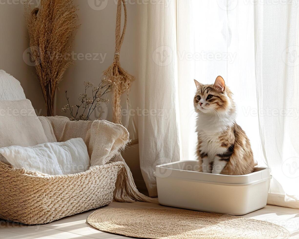A cozy room featuring a cat sitting in a litter box, surrounded by natural elements and bright, airy curtains. photo