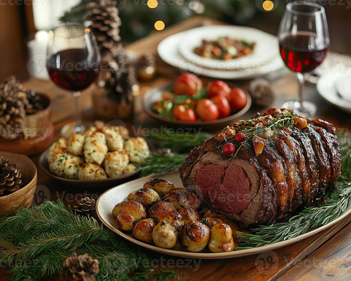 A festive table setting featuring a delicious roast, accompanied by red wine, side dishes, and decorative greenery, perfect for holiday gatherings. photo