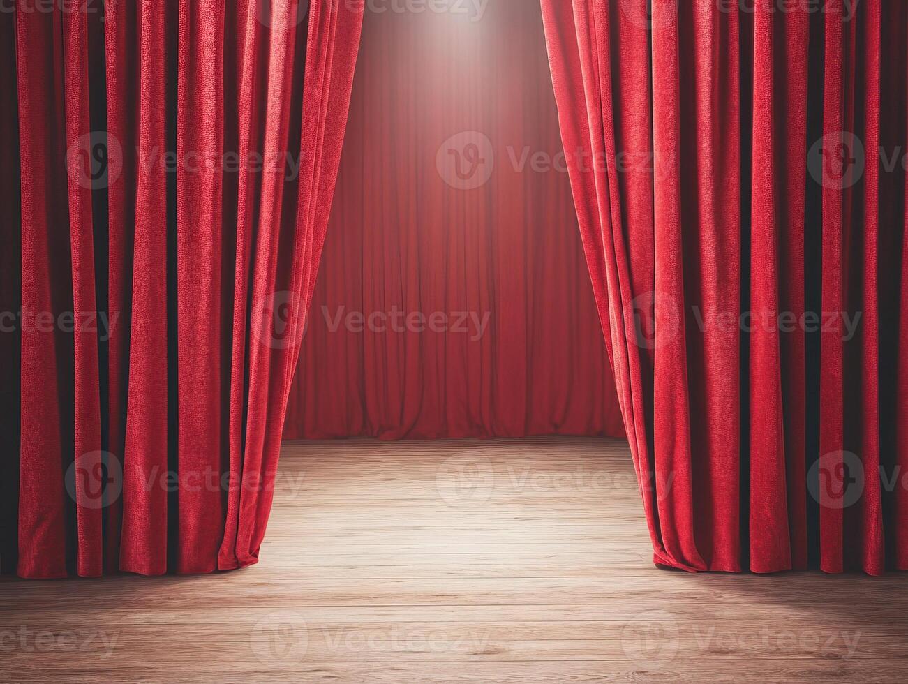 Red velvet curtains part to reveal a stage with warm wooden flooring, illuminated by a spotlight. photo