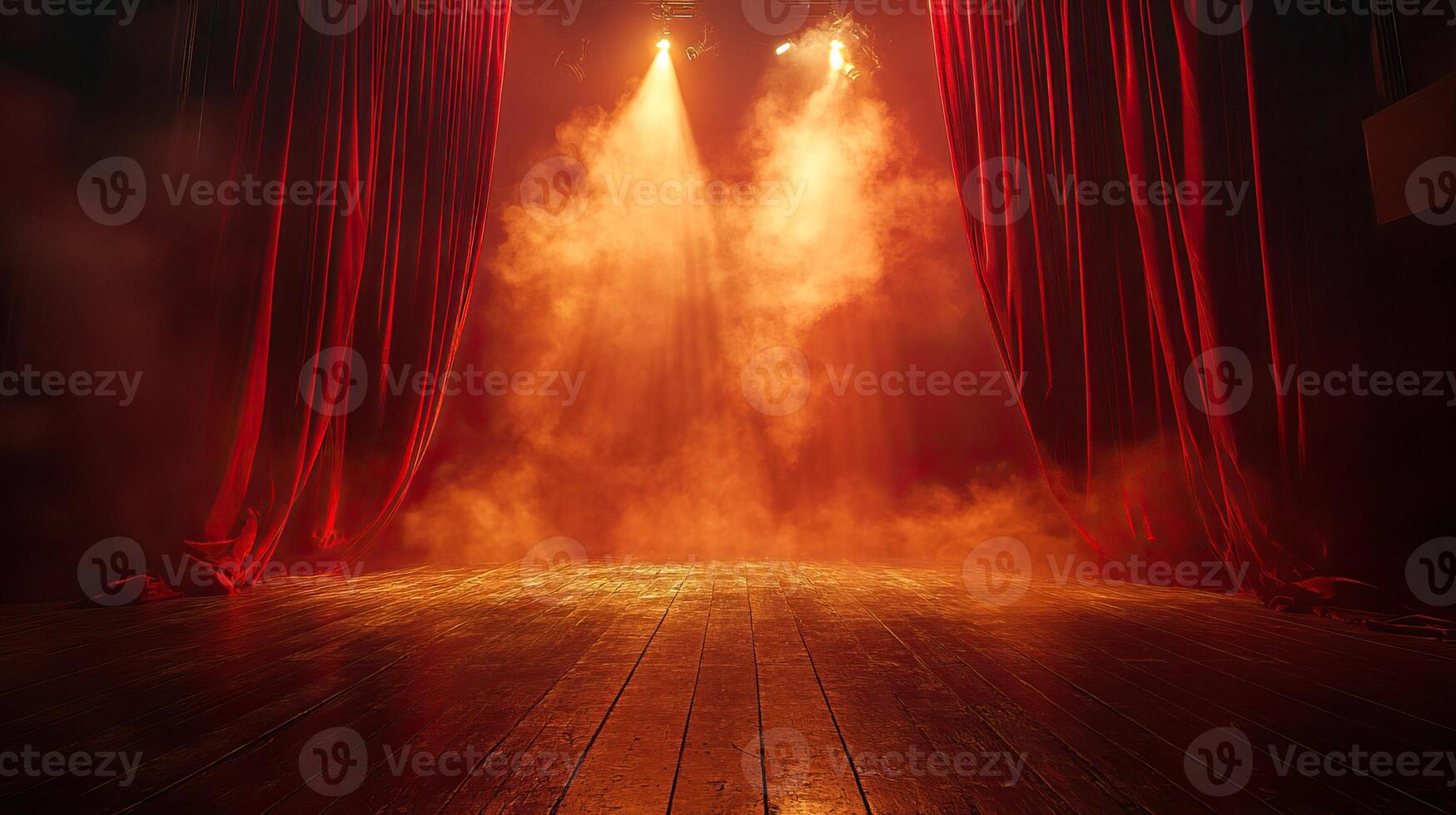 Stage with red curtains and dramatic lighting, creating an atmospheric and theatrical ambiance. photo