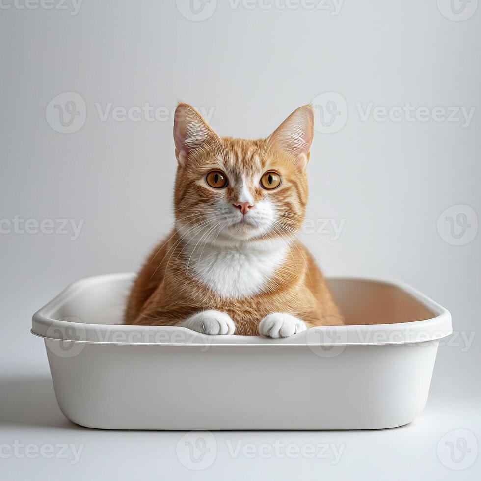A ginger and white cat calmly lying in a white litter box, set against a plain, neutral indoor background. photo