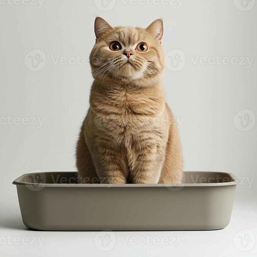 British Shorthair cat sitting in a litter tray isolated on white background photo