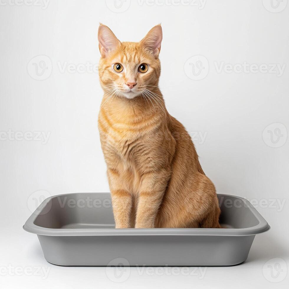 A ginger cat with alert eyes sitting inside a gray litter box, positioned against a simple white background indoors. photo