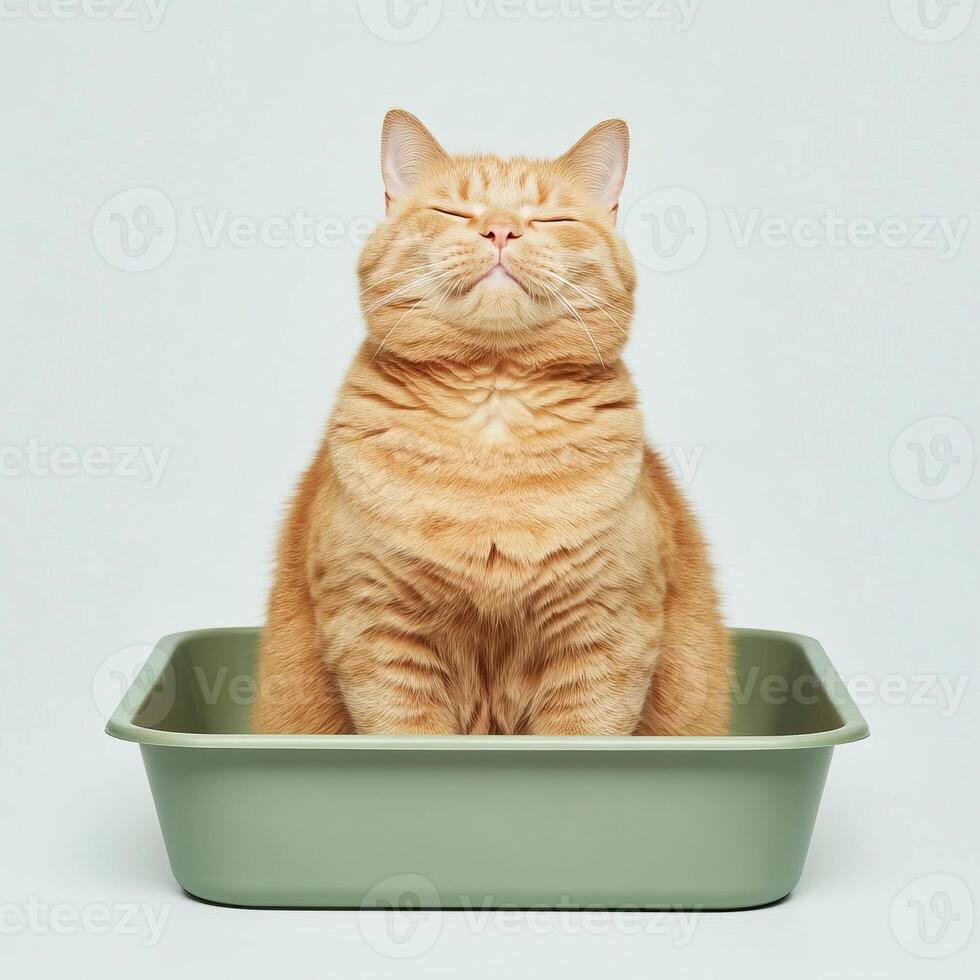 A relaxed ginger cat with closed eyes sitting peacefully in a green litter box, against a soft, plain background. photo