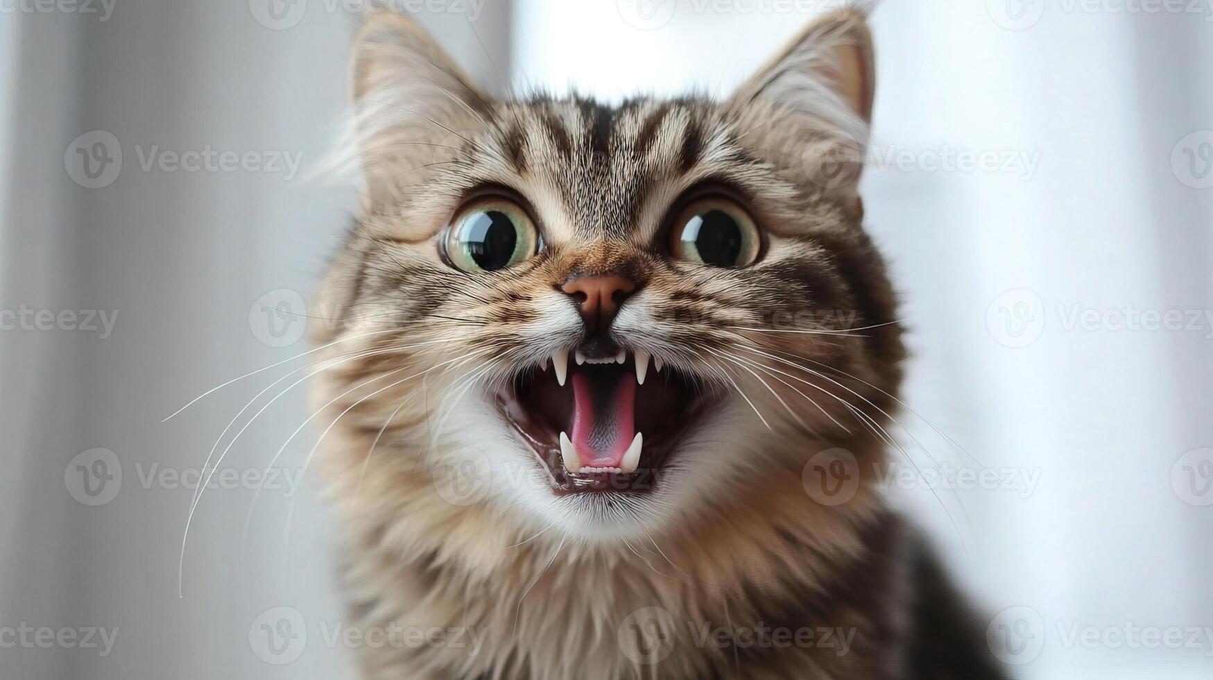 A close-up shot of a tabby cat with wide eyes and open mouth, showing teeth, expressing excitement or playfulness. photo