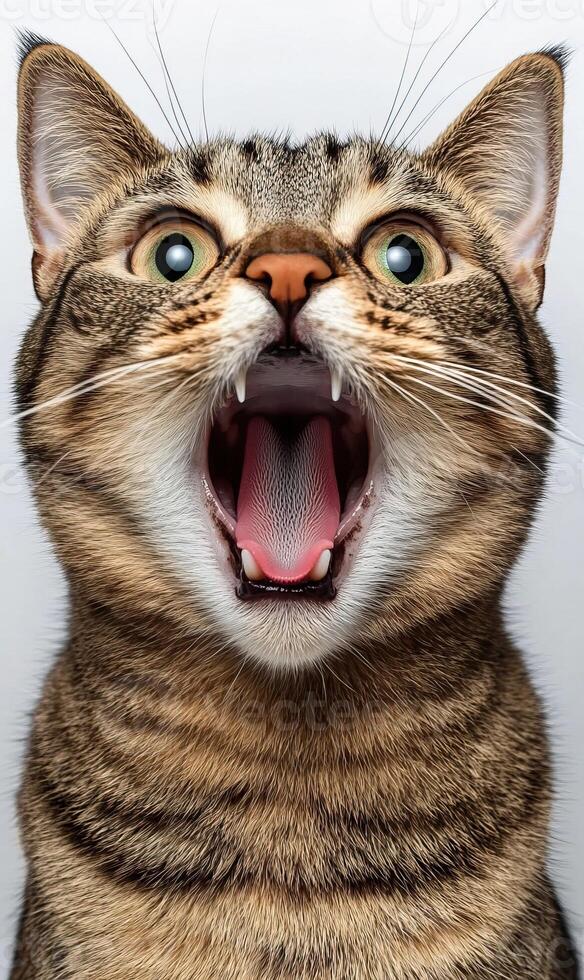 A close-up shot of a tabby cat with wide eyes and open mouth, showing teeth, expressing excitement or playfulness. photo