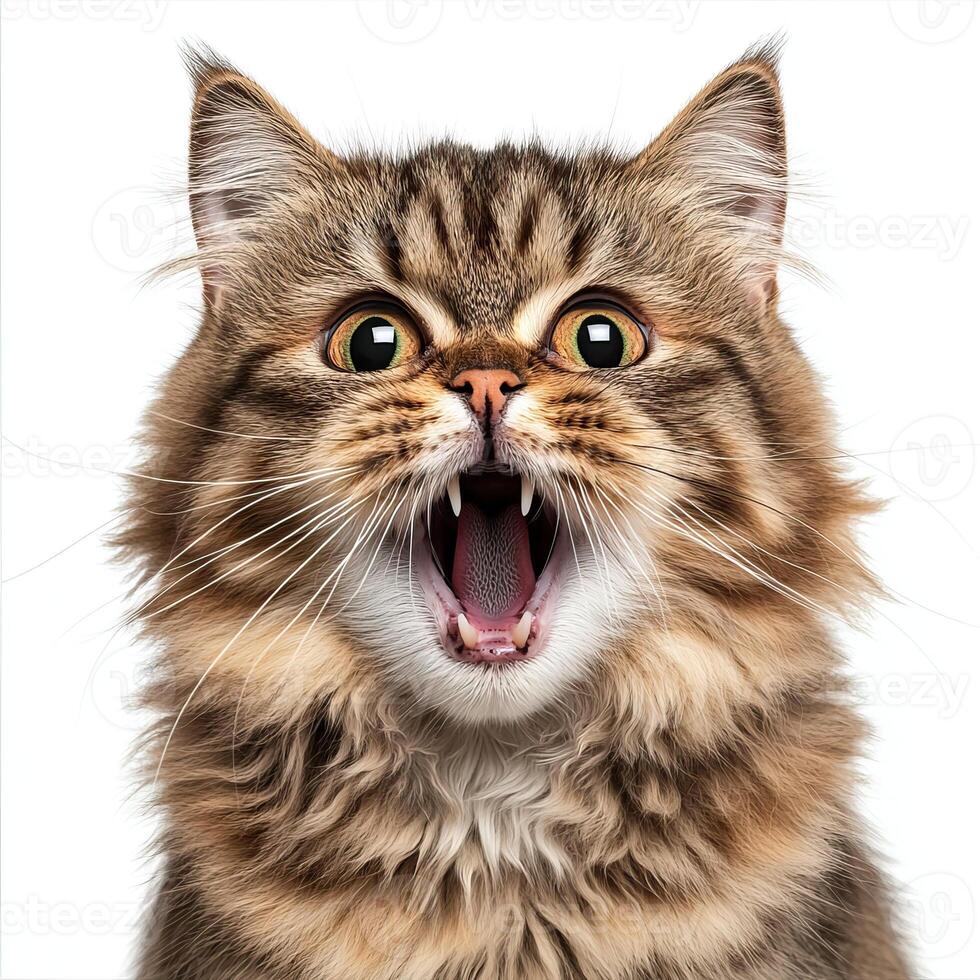 A close-up shot of a tabby cat with wide eyes and open mouth, showing teeth, expressing excitement or playfulness. photo