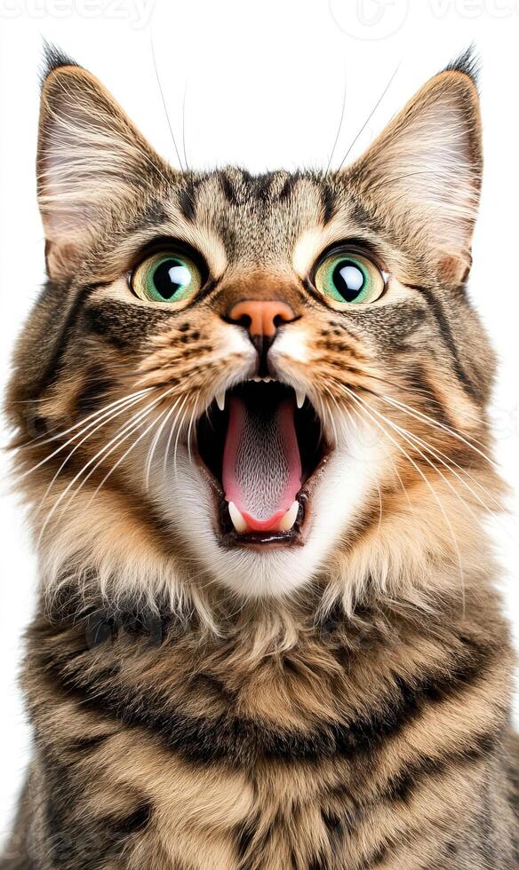 A close-up shot of a tabby cat with wide eyes and open mouth, showing teeth, expressing excitement or playfulness. photo
