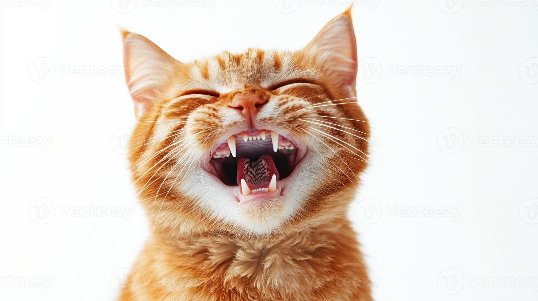 Close-up of a ginger cat with eyes closed, mouth open, and tongue visible, expressing a joyful or playful mood against a white background. photo