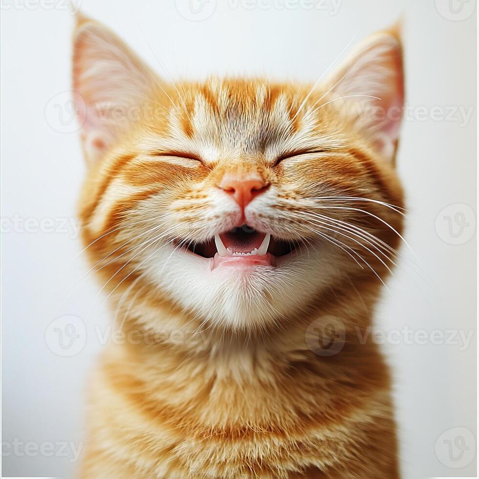 Close-up of a ginger cat with eyes closed, mouth open, and tongue visible, expressing a joyful or playful mood against a white background. photo