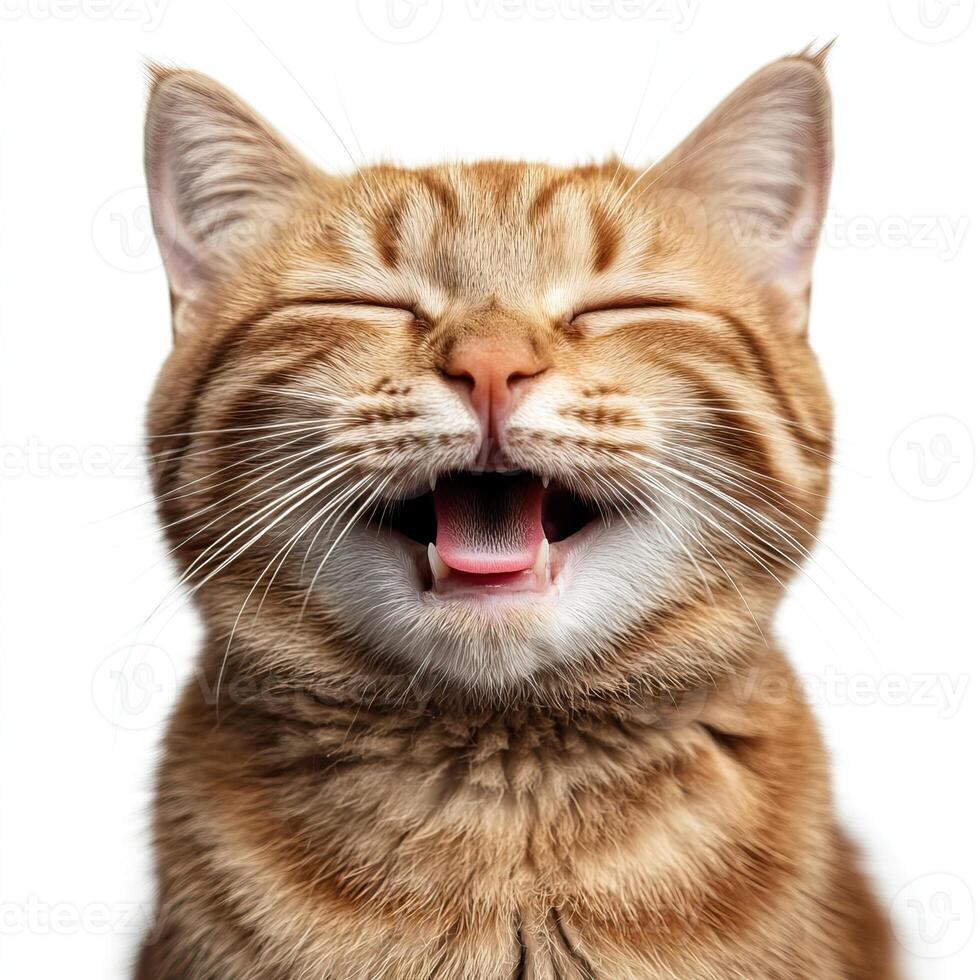 Close-up of a ginger cat with eyes closed, mouth open, and tongue visible, expressing a joyful or playful mood against a white background. photo