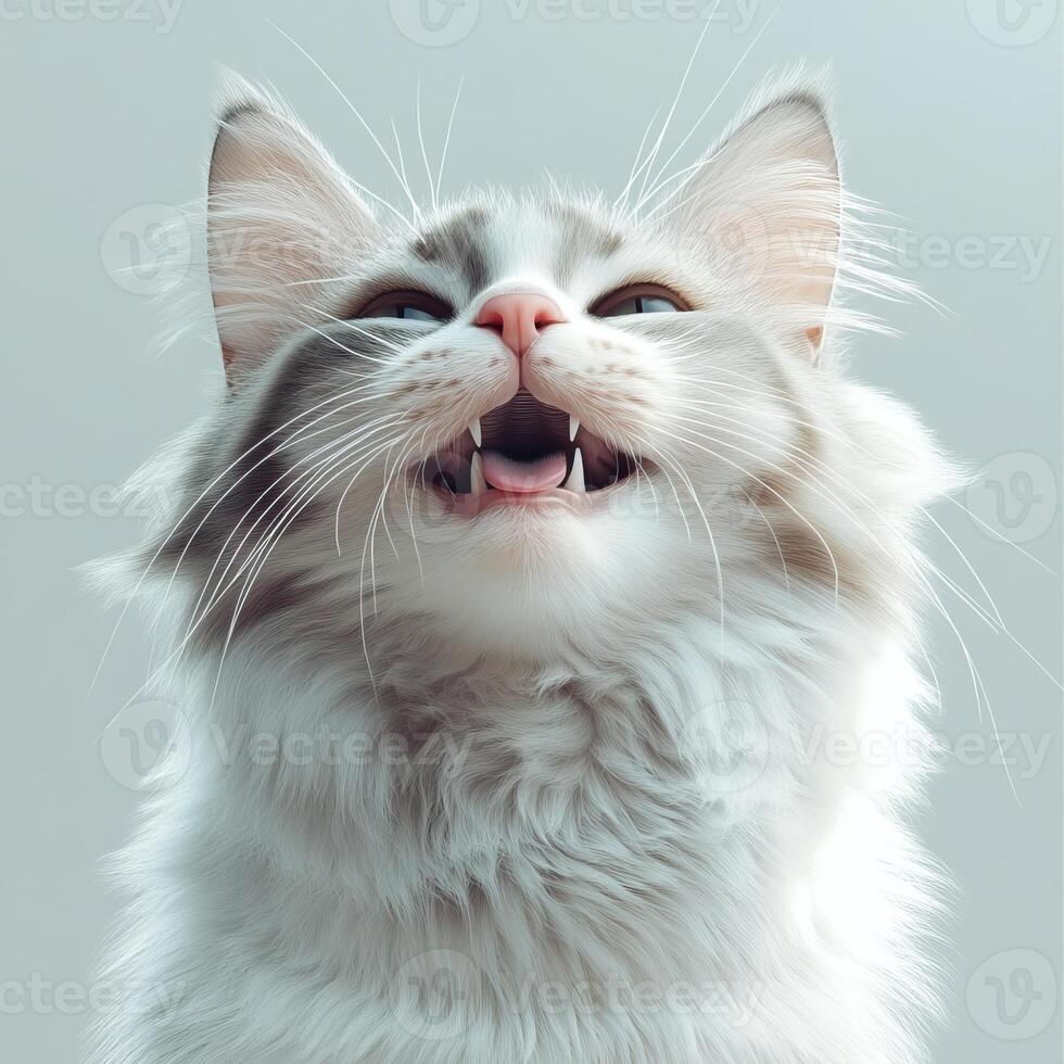 A fluffy white and gray kitten with an open mouth, looking upwards with curious eyes, set against a plain light background. photo