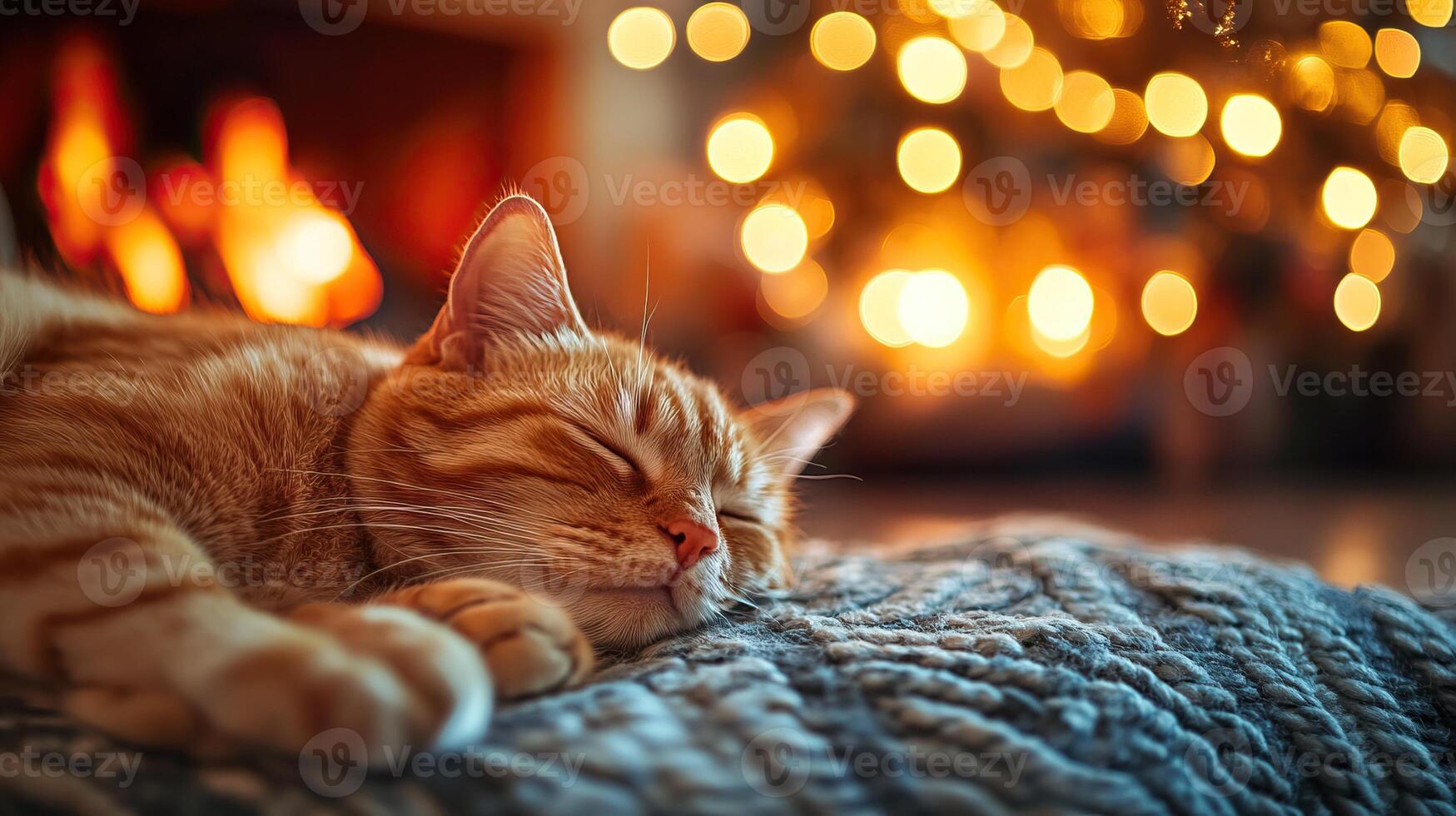 A cozy, sleeping orange cat rests on a blanket, with a warm, glowing fireplace and bokeh lights in the background, creating a peaceful atmosphere. photo