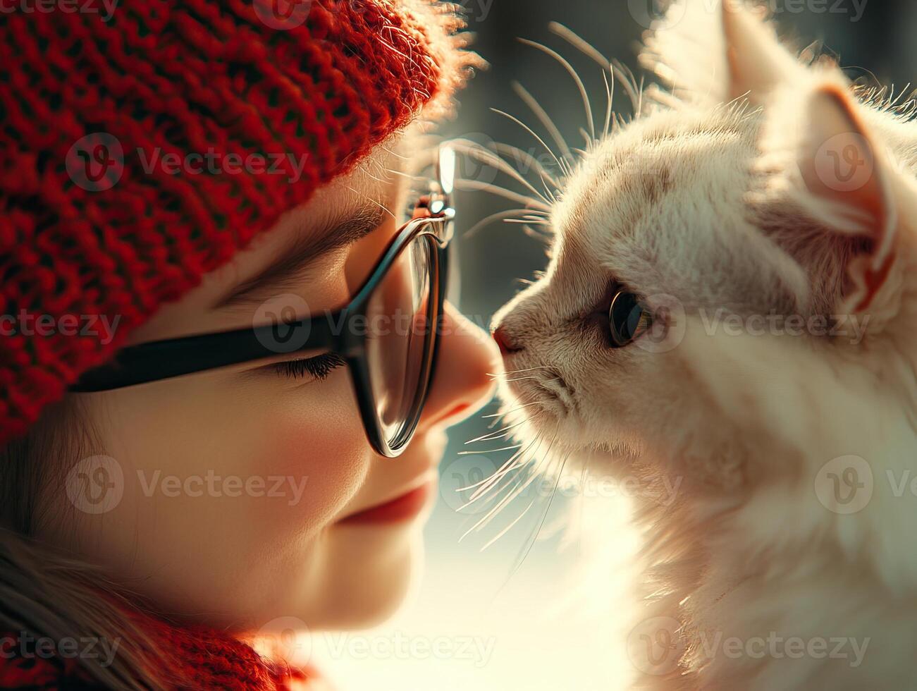 A joyful girl in a red knit hat shares a tender moment with her fluffy white cat, showcasing their close bond and affection. photo