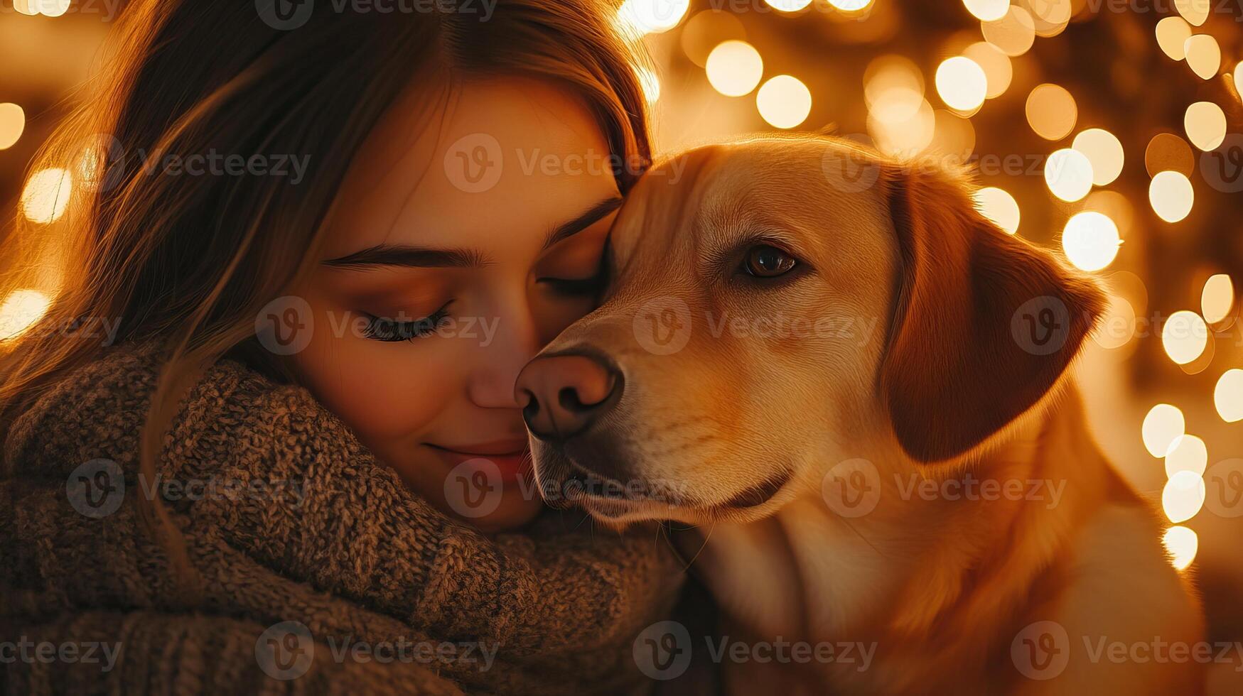 A warm scene of a woman gently embracing her dog, surrounded by glowing lights, capturing a moment of love and companionship. photo