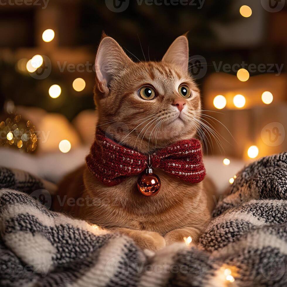 A festive cat with a collar sits gracefully among twinkling lights, surrounded by cozy blankets and holiday decorations. photo