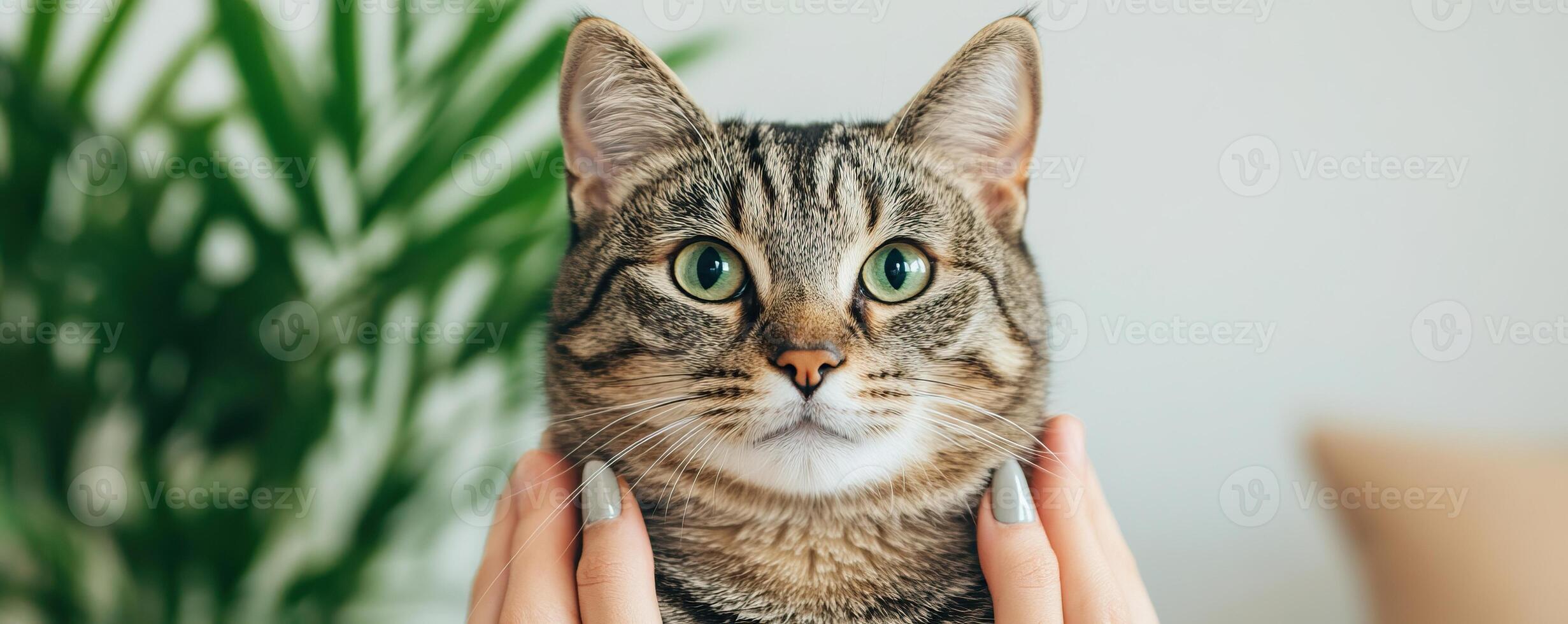 A close-up of a striped cat being held, showcasing its large eyes and expressive face, set against a backdrop of greenery. photo