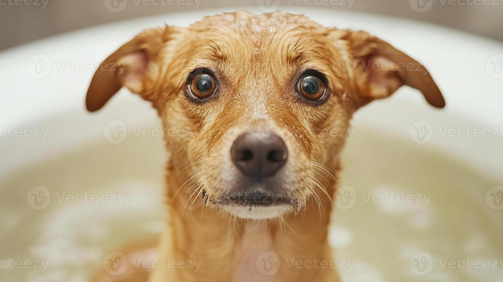 A wet dog looks up with a surprised expression while sitting in a bathtub filled with water. photo