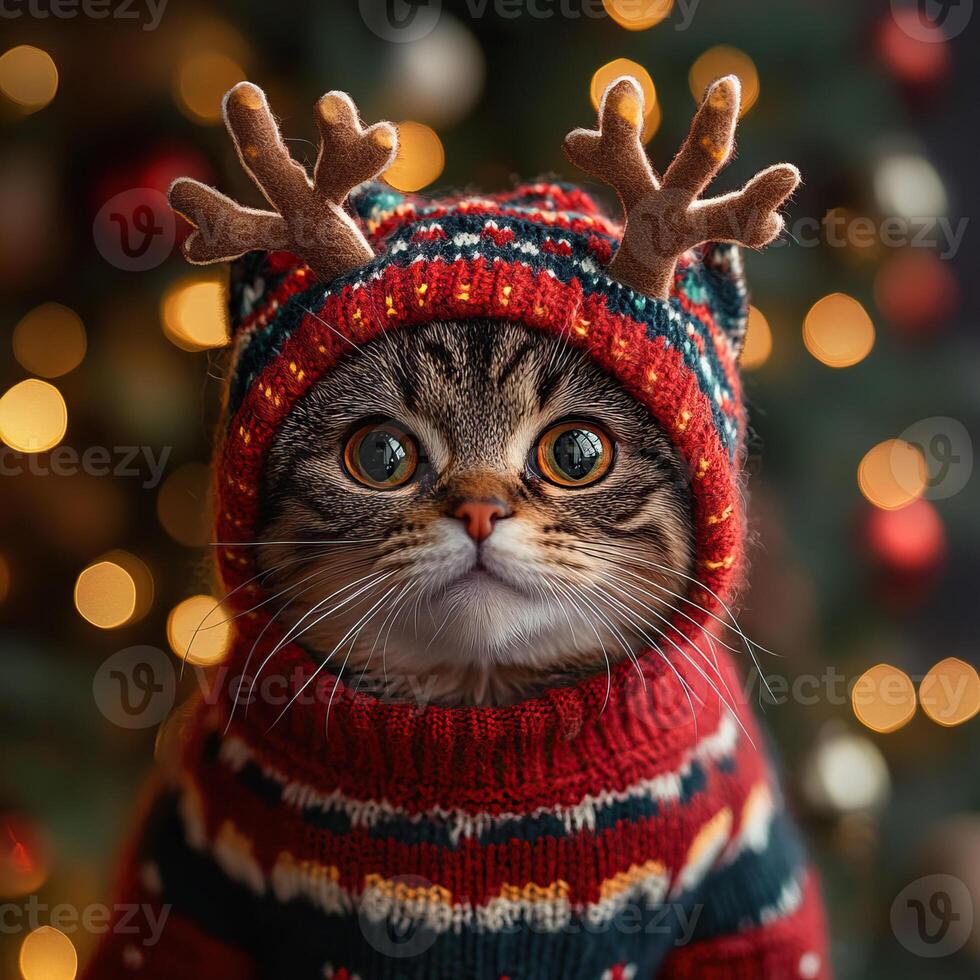 A cozy cat dressed in a reindeer sweater and antlers, set against a background of colorful holiday lights. photo