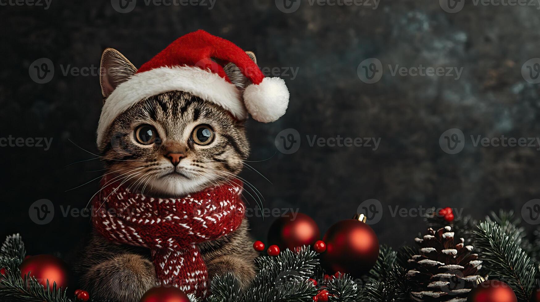 A festive cat wearing a Santa hat and scarf surrounded by holiday decorations, creating a warm and cheerful Christmas atmosphere. photo