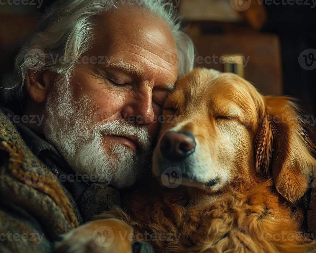 A touching moment of a man and his golden retriever sharing a peaceful embrace, highlighting love and companionship. photo