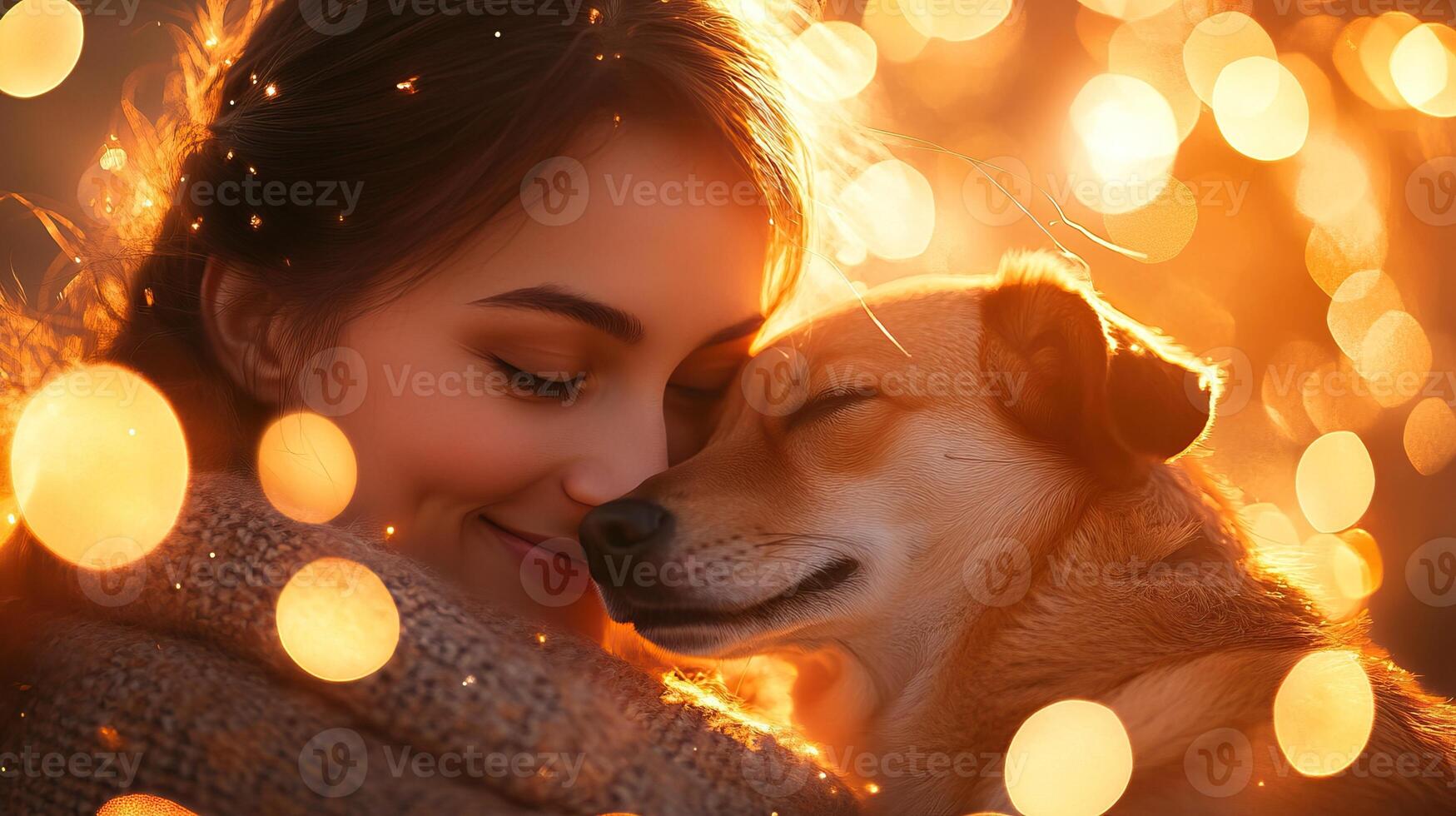 A warm, intimate moment between a woman and her dog, surrounded by soft, glowing lights, capturing love and connection. photo