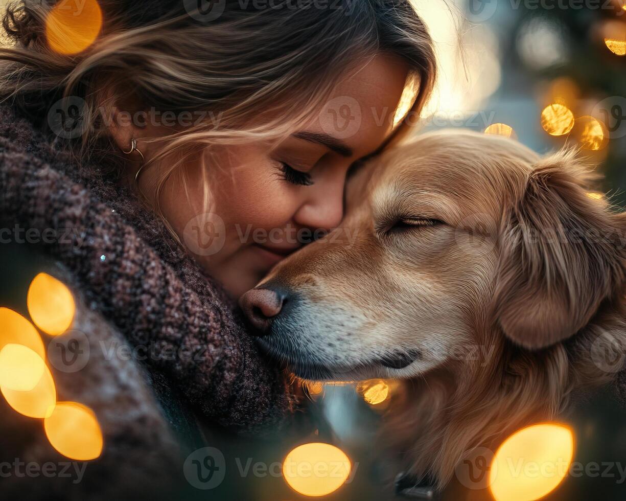 A heartwarming moment between a woman and a golden retriever, surrounded by soft lights, capturing love and companionship. photo